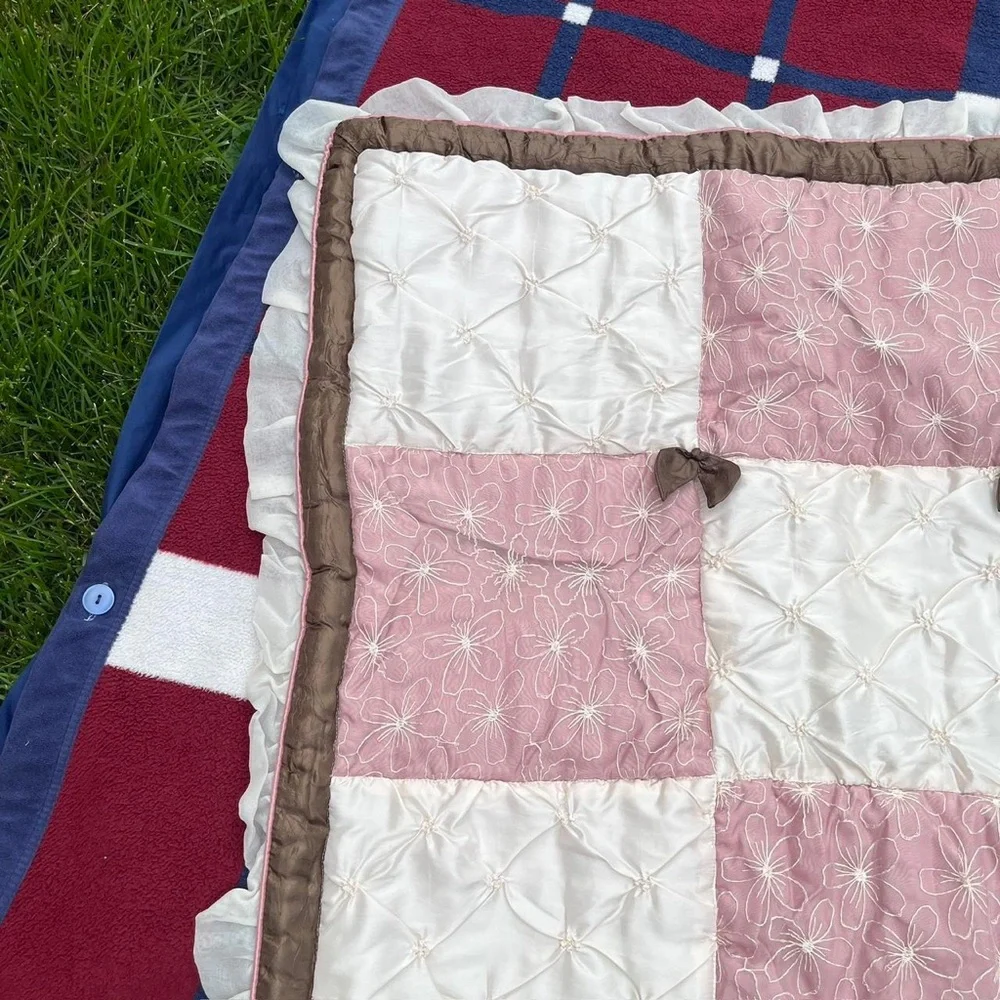 Cocalo baby comforter blanket floral bows reversible pink brown cream frilly